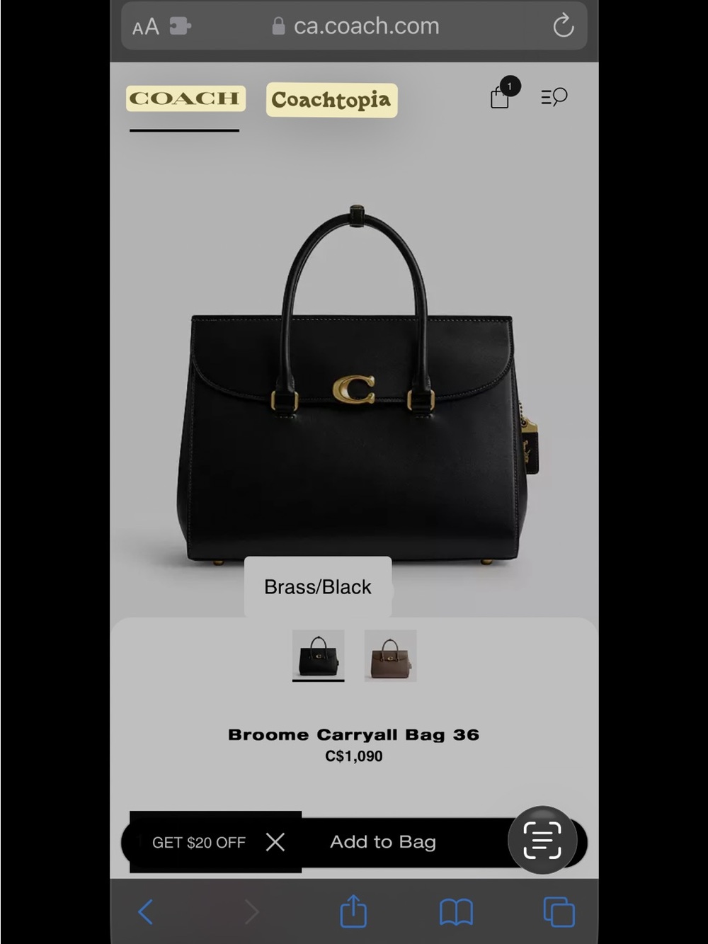 Coach Black Broome Carryall Satchel with Brass Hardware
